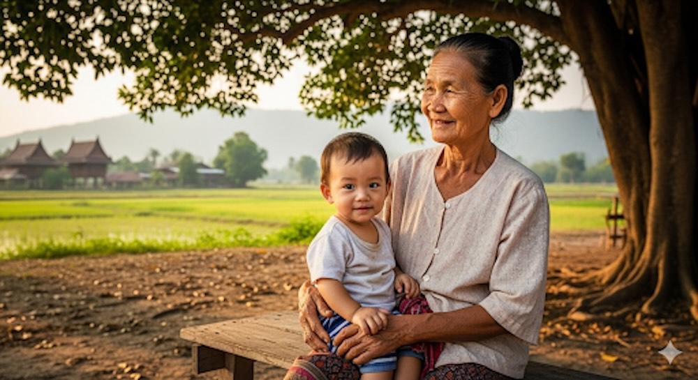 Thailändische Oma mit Enkel